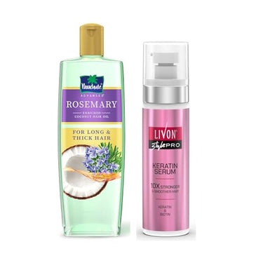 Parachute Advansed Rosemary enriched Coconut Hair Oil 300ml & Livon Style Pro Keratin Hair Serum 100ml, Pack of 2